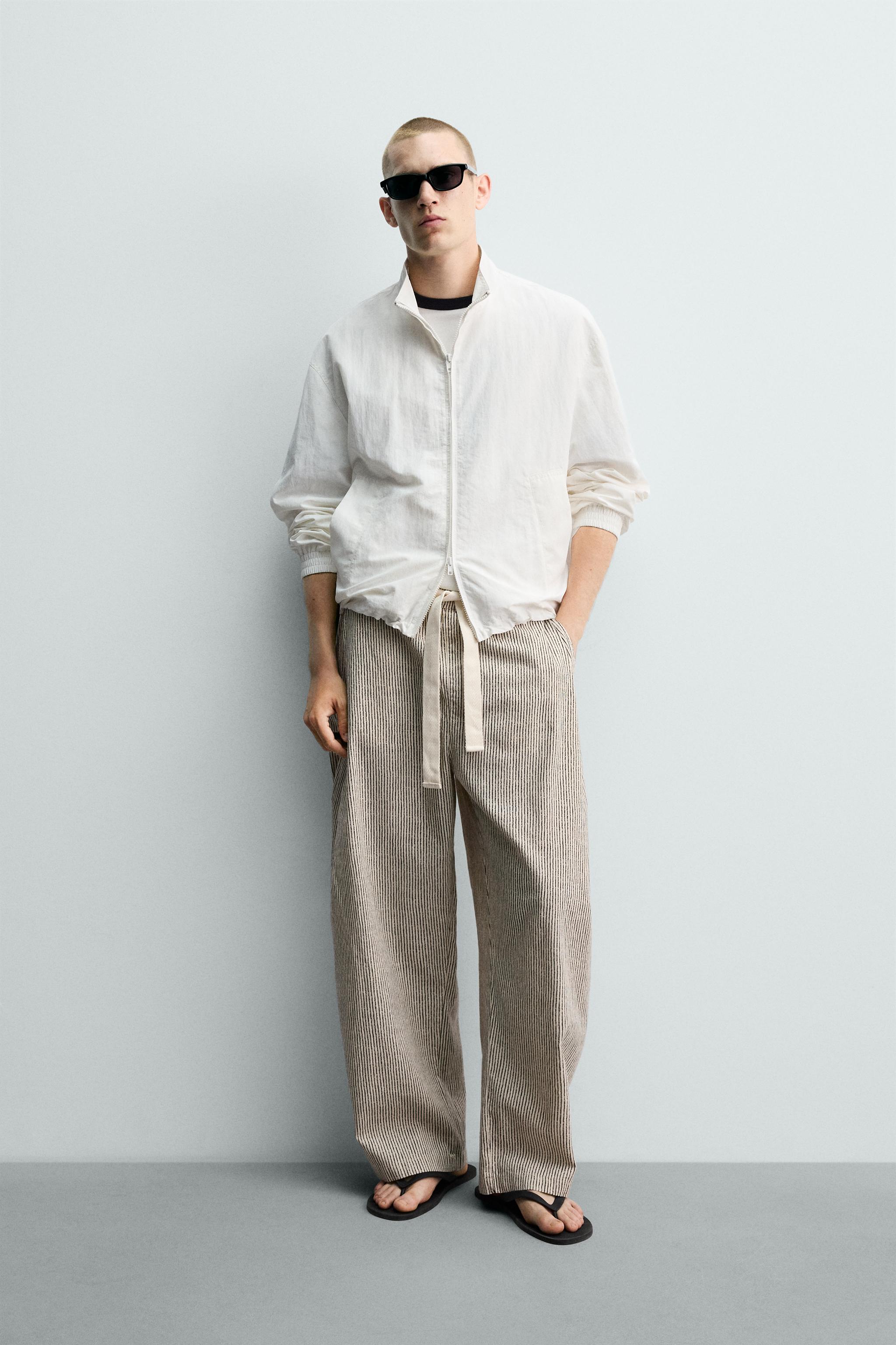 STRIPED WIDE FIT BELTED PANTS